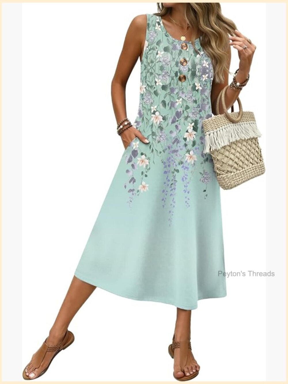 Sleeveless Midi Sundress with Pockets Button Down Loose Fit Beachy Summer Dress